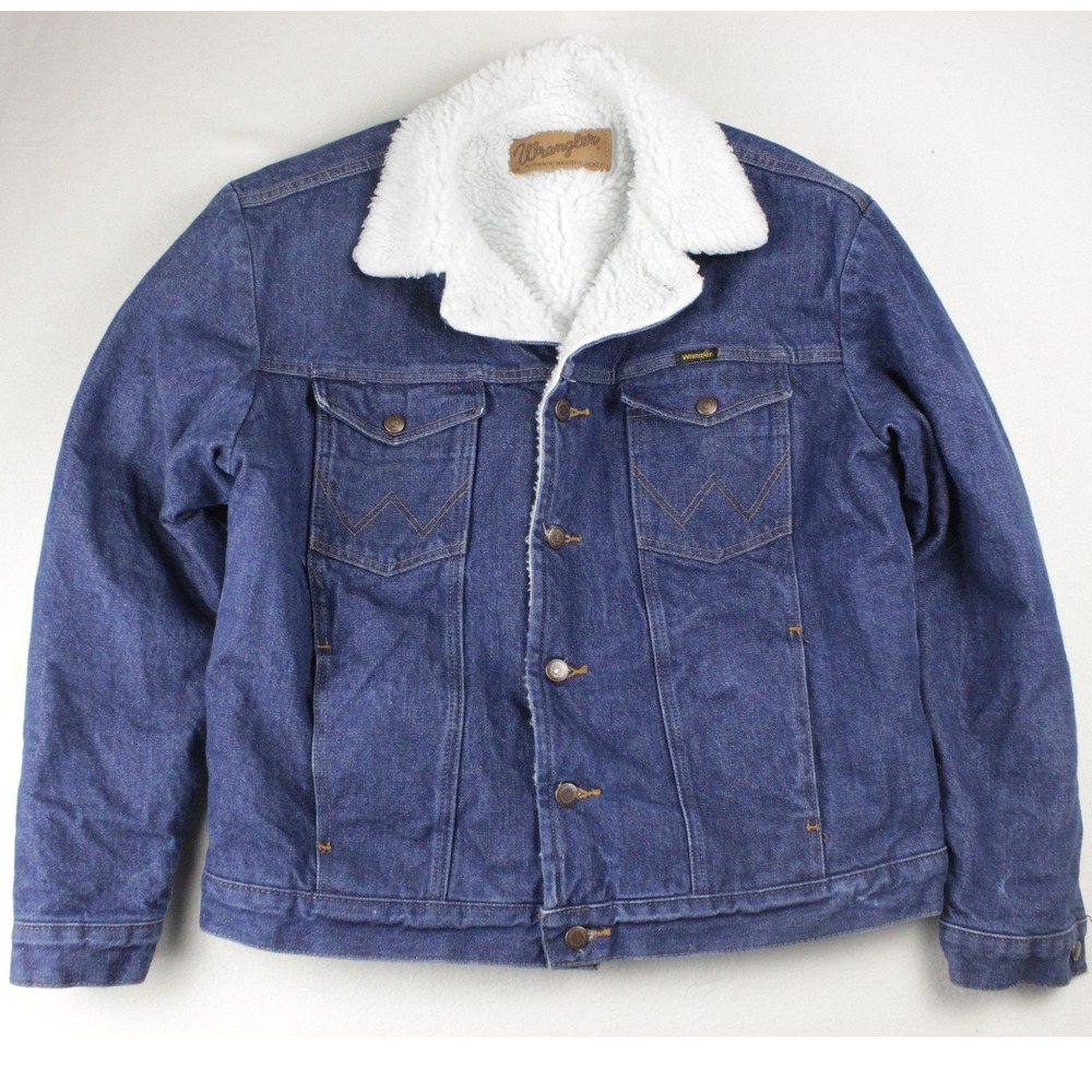Wrangler Sherpa Lined Denim Jacket Dark Wash Western Trucker Coat Mens Medium
